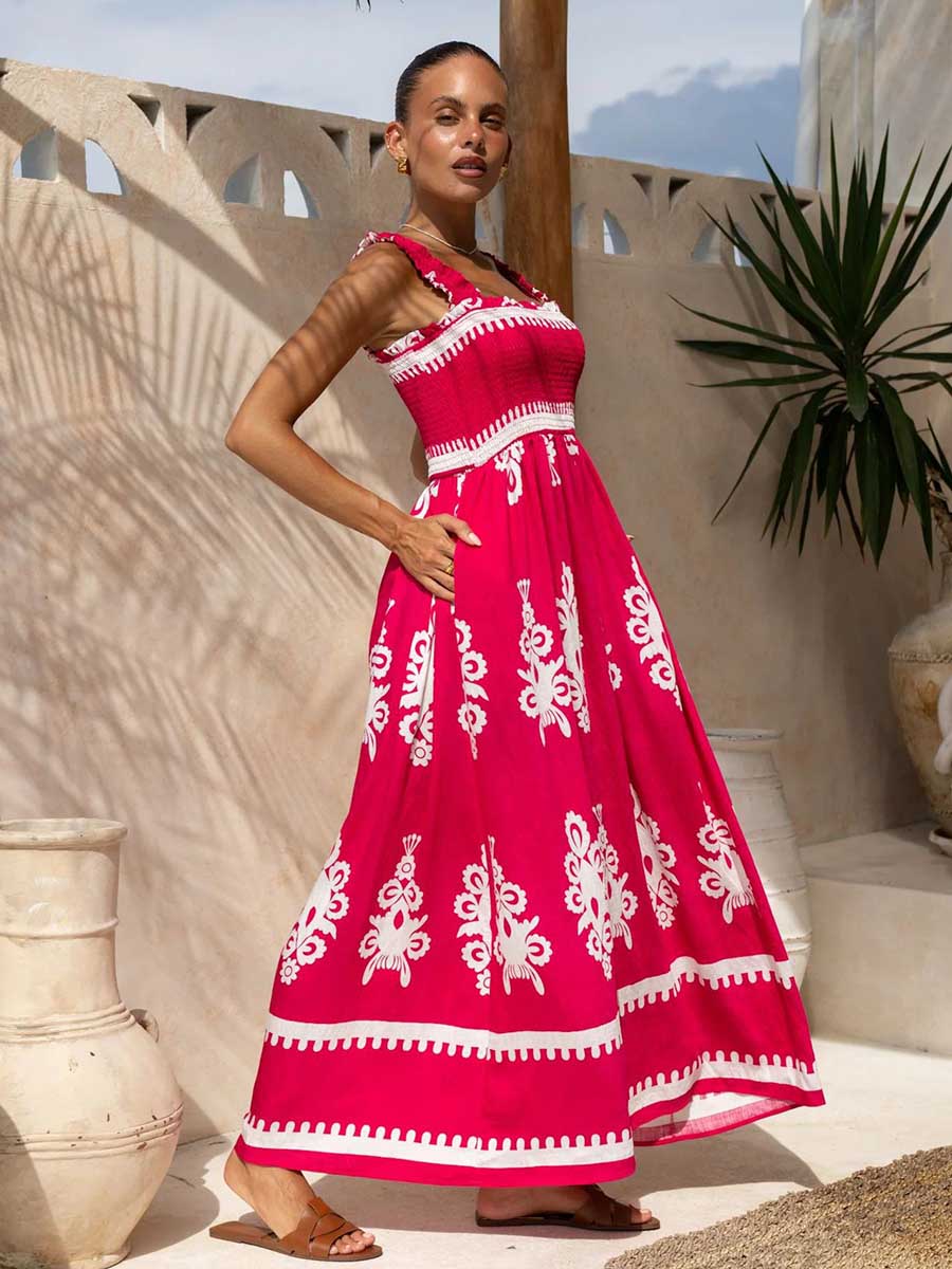 Red Tribal Square Neck Sleeveless Vacation Dress