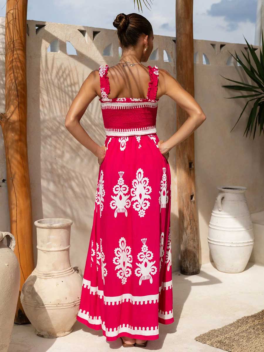 Red Tribal Square Neck Sleeveless Vacation Dress