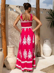 Red Tribal Square Neck Sleeveless Vacation Dress