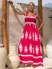 Red Tribal Square Neck Sleeveless Vacation Dress