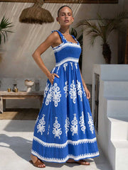 Blue Printed Tribal Shirred Vacation Dress