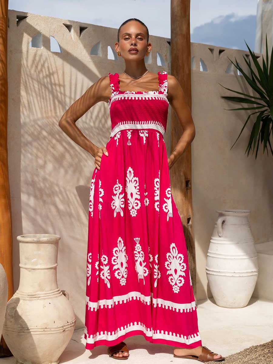 Red Tribal Square Neck Sleeveless Vacation Dress