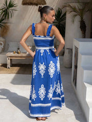 Blue Printed Tribal Shirred Vacation Dress