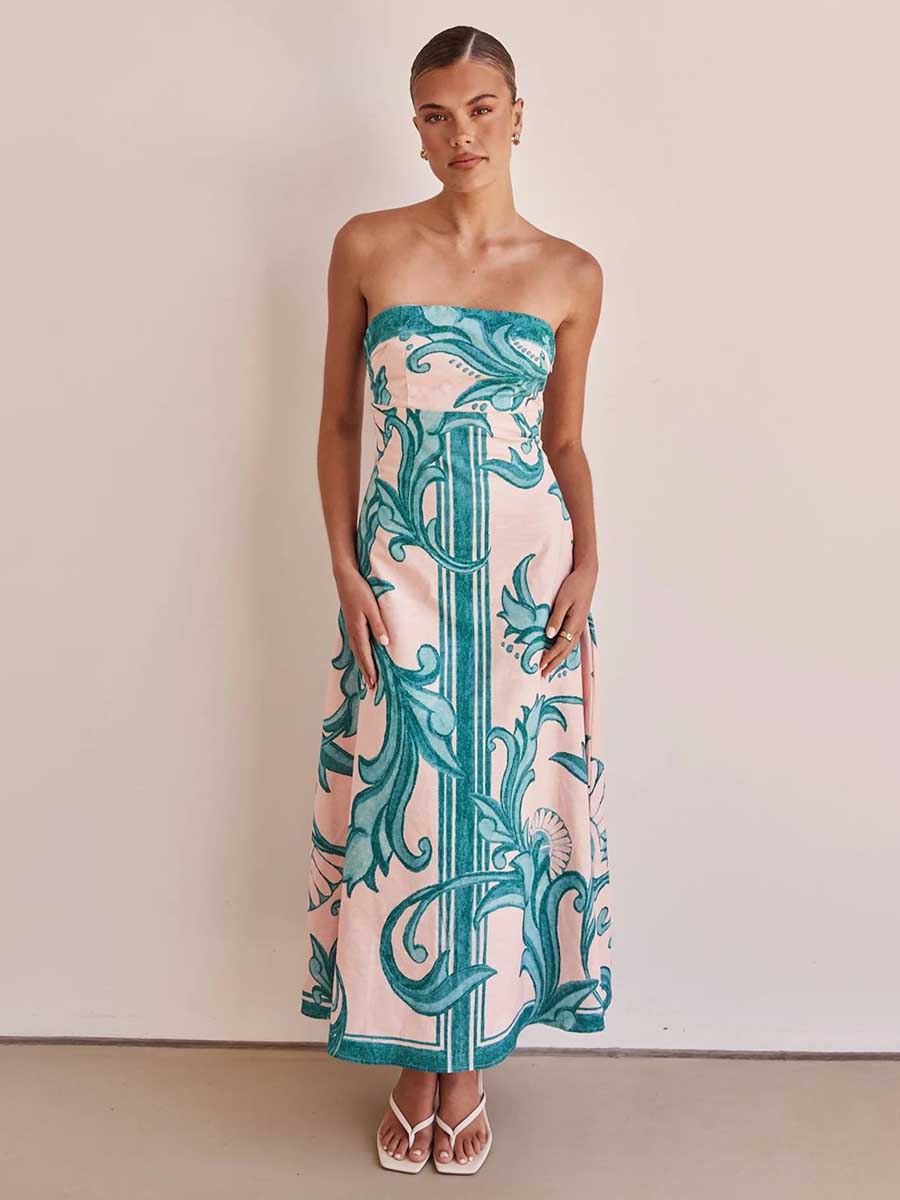 Strapless Backless Printed A-line Dress