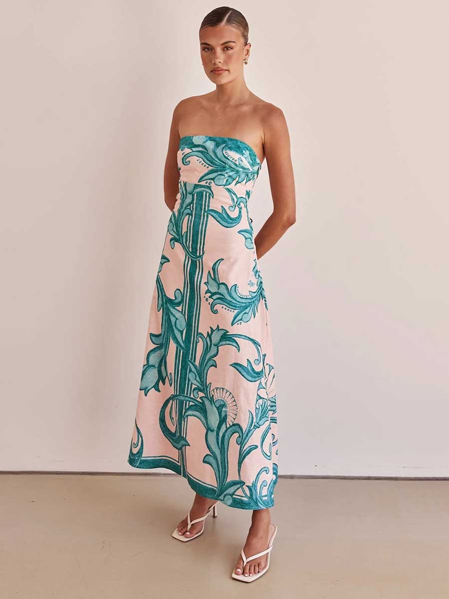 Strapless Backless Printed A-line Dress