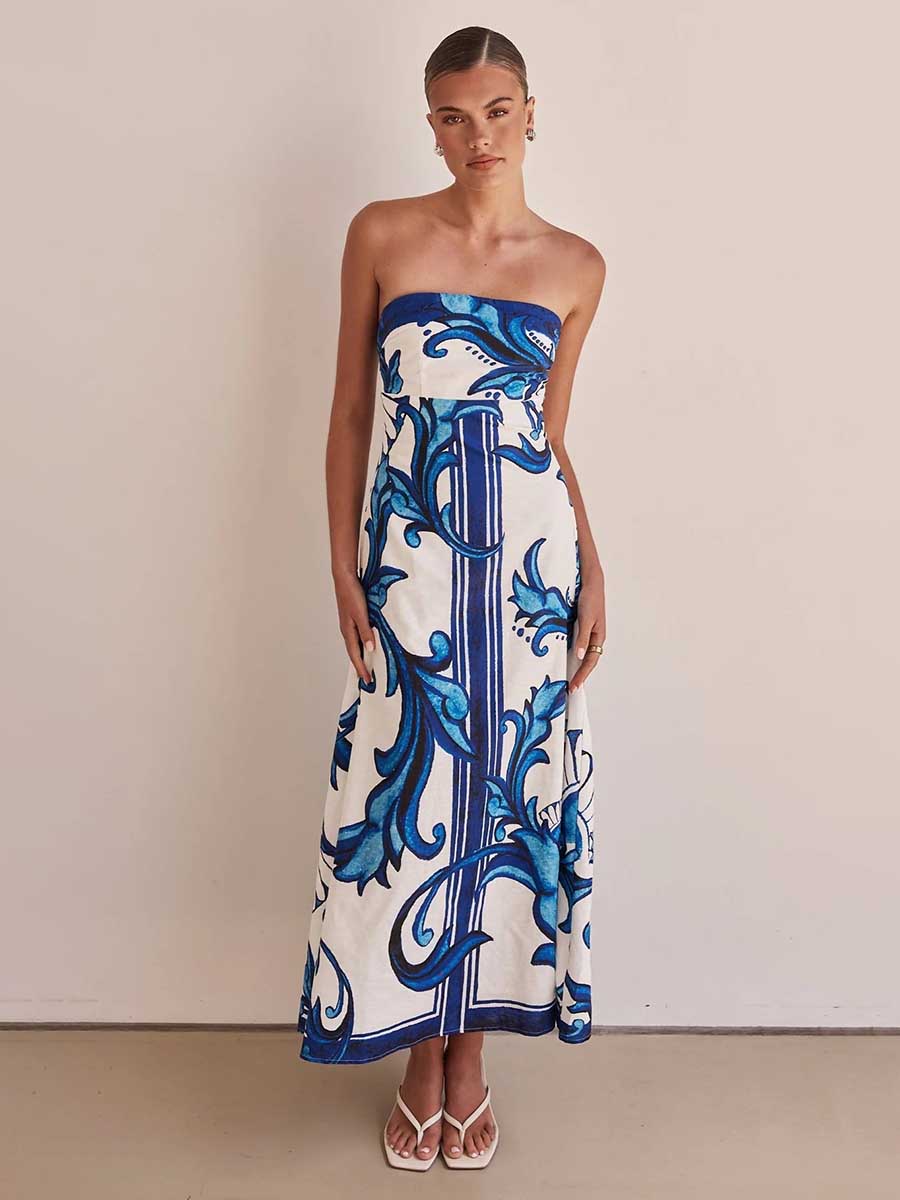 Strapless Backless Printed A-line Dress
