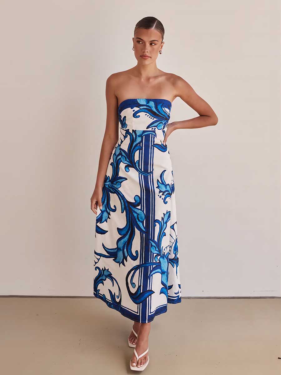 Strapless Backless Printed A-line Dress