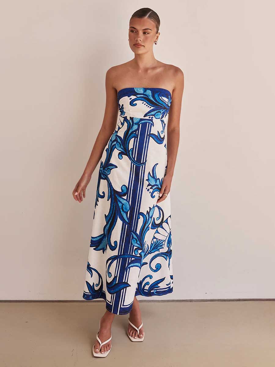 Strapless Backless Printed A-line Dress