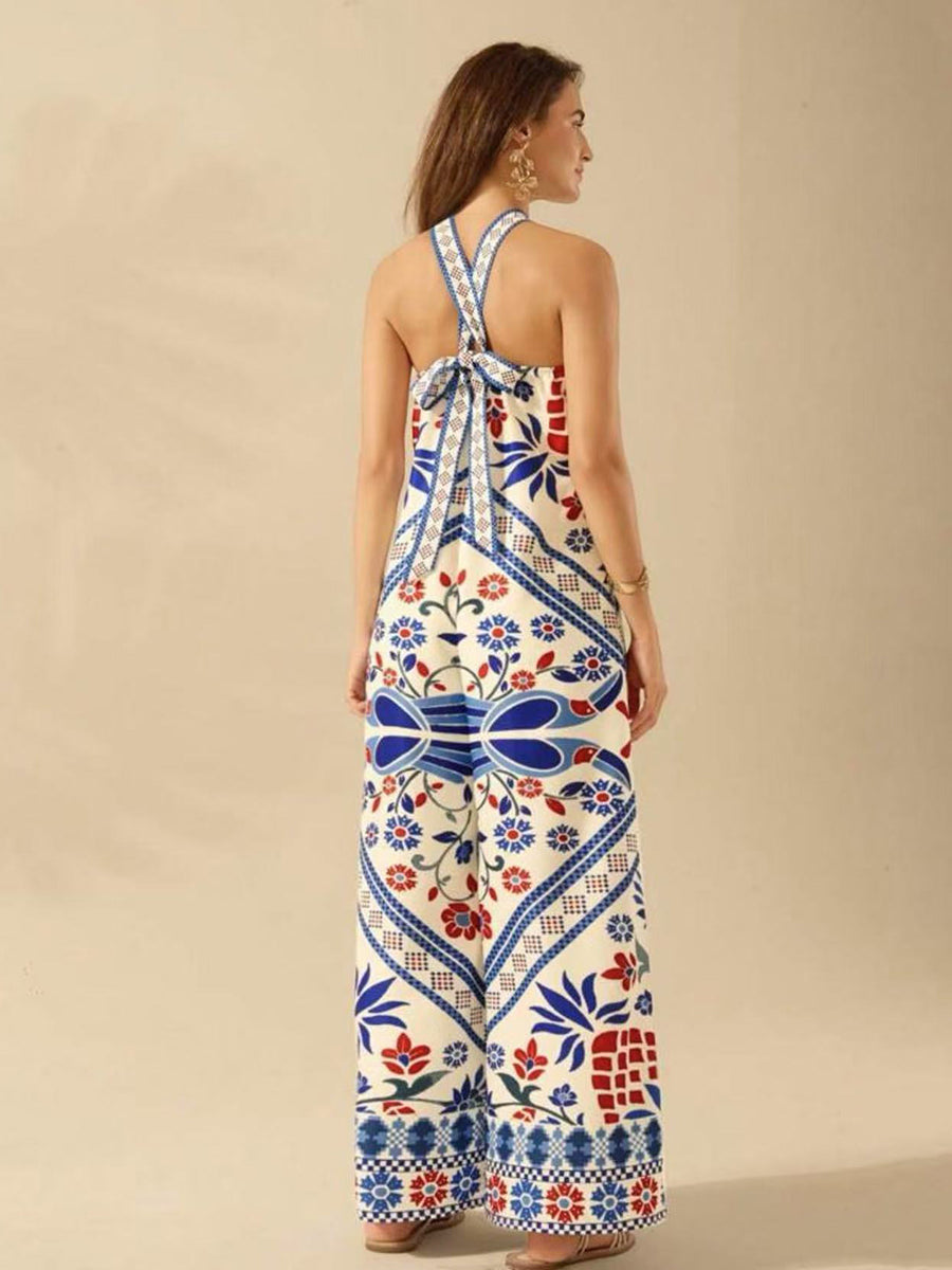 Tropical Print Halter Sleeveless Jumpsuits