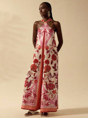 Tropical Print Halter Sleeveless Jumpsuits