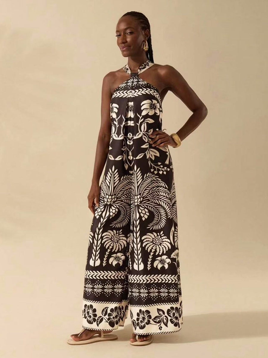 Tropical Print Halter Sleeveless Jumpsuits