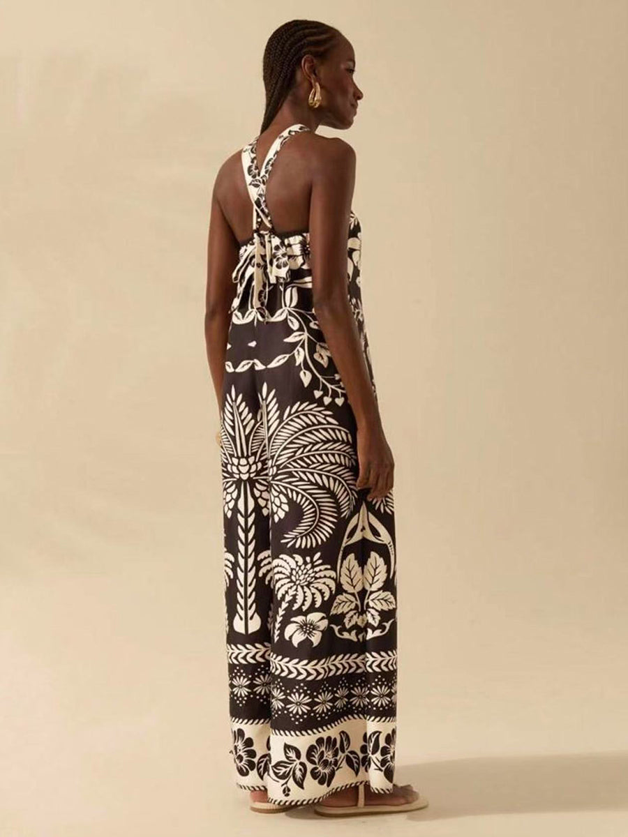 Tropical Print Halter Sleeveless Jumpsuits