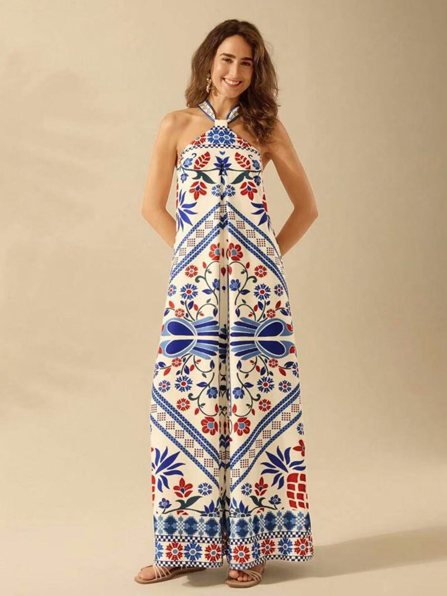 Tropical Print Halter Sleeveless Jumpsuits