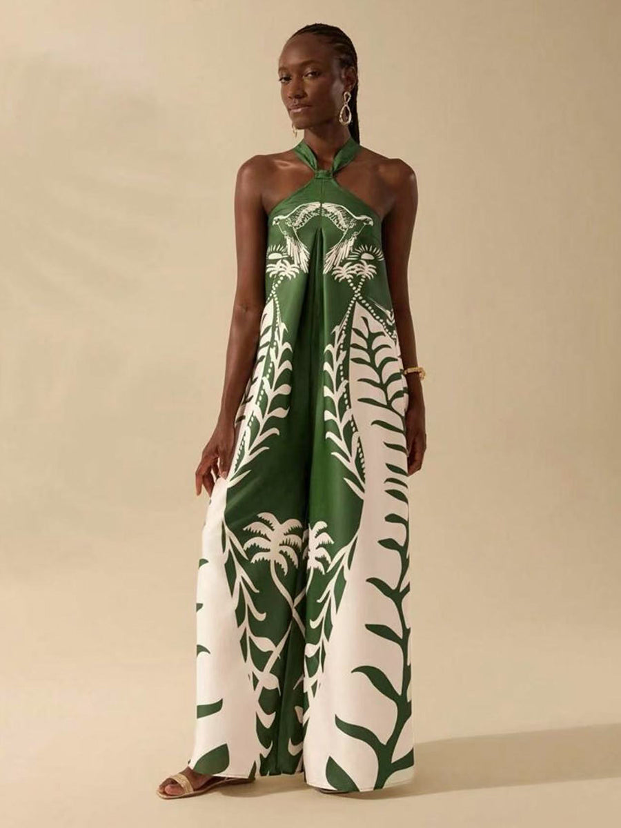 Tropical Print Halter Sleeveless Jumpsuits