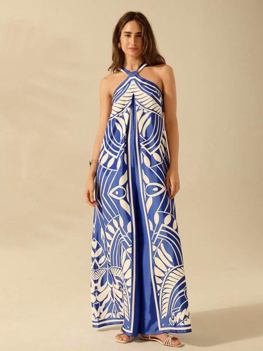 Tropical Print Halter Sleeveless Jumpsuits