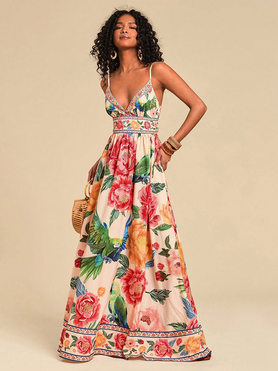 Floral Deep V-neck Backless Vacation Dress