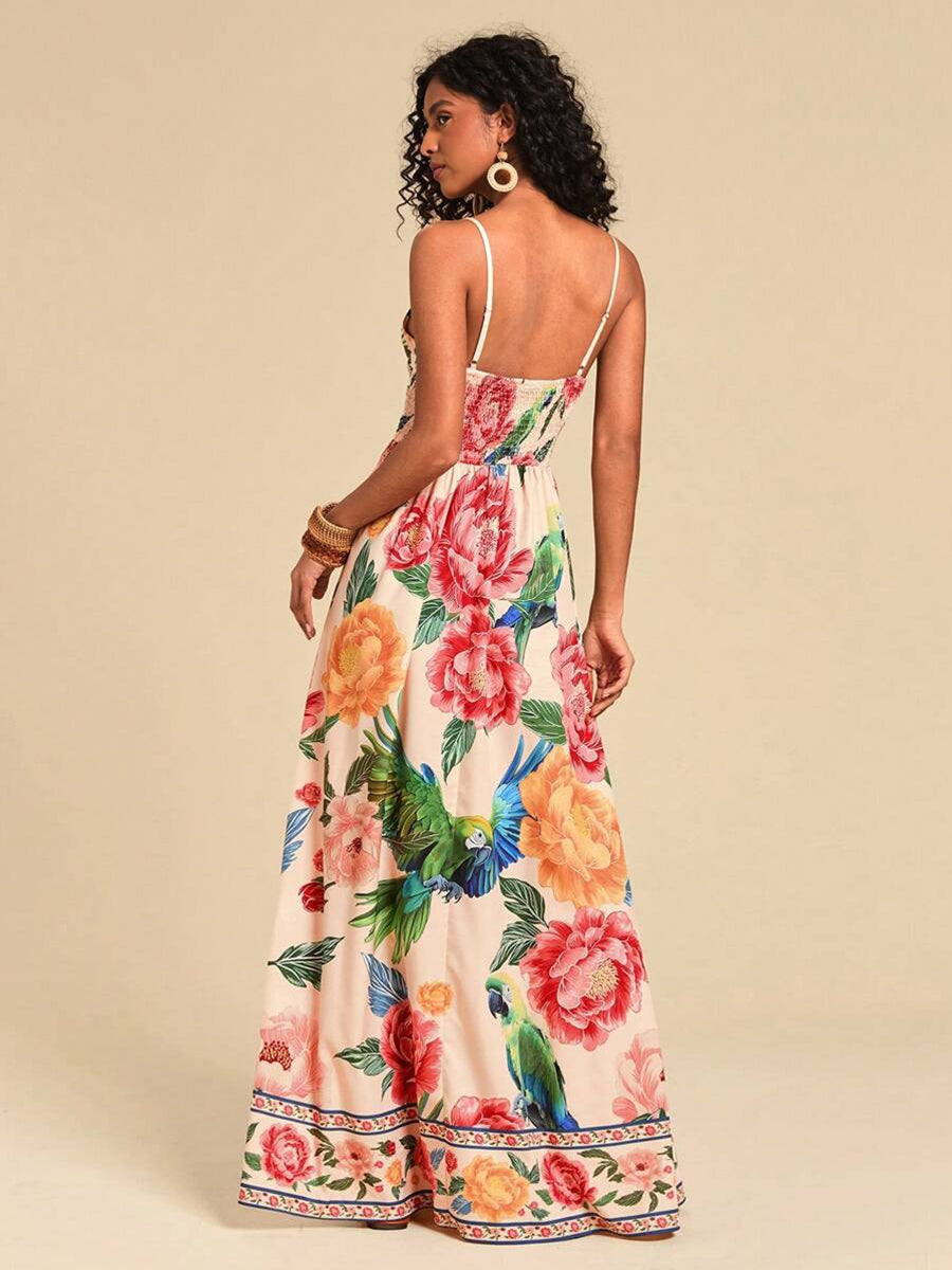 Floral Deep V-neck Backless Vacation Dress