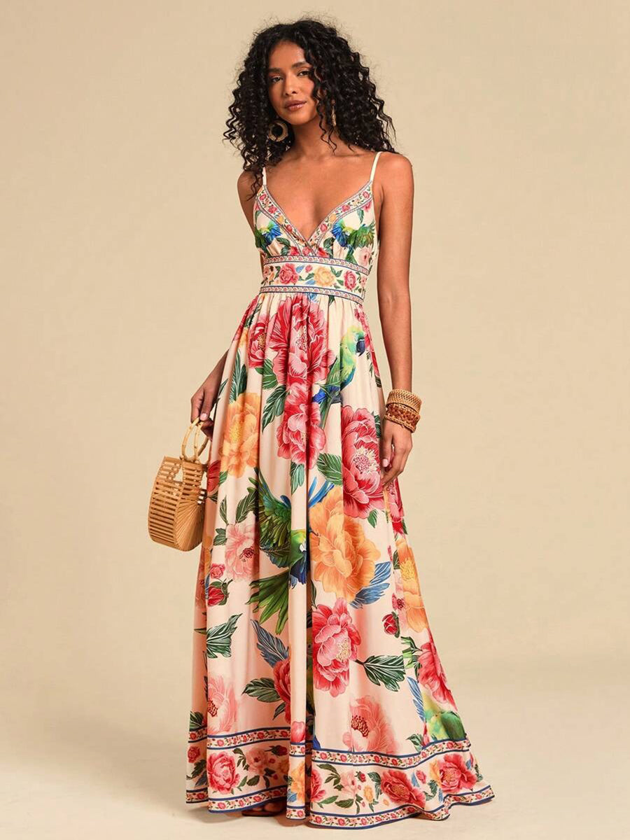 Floral Deep V-neck Backless Vacation Dress