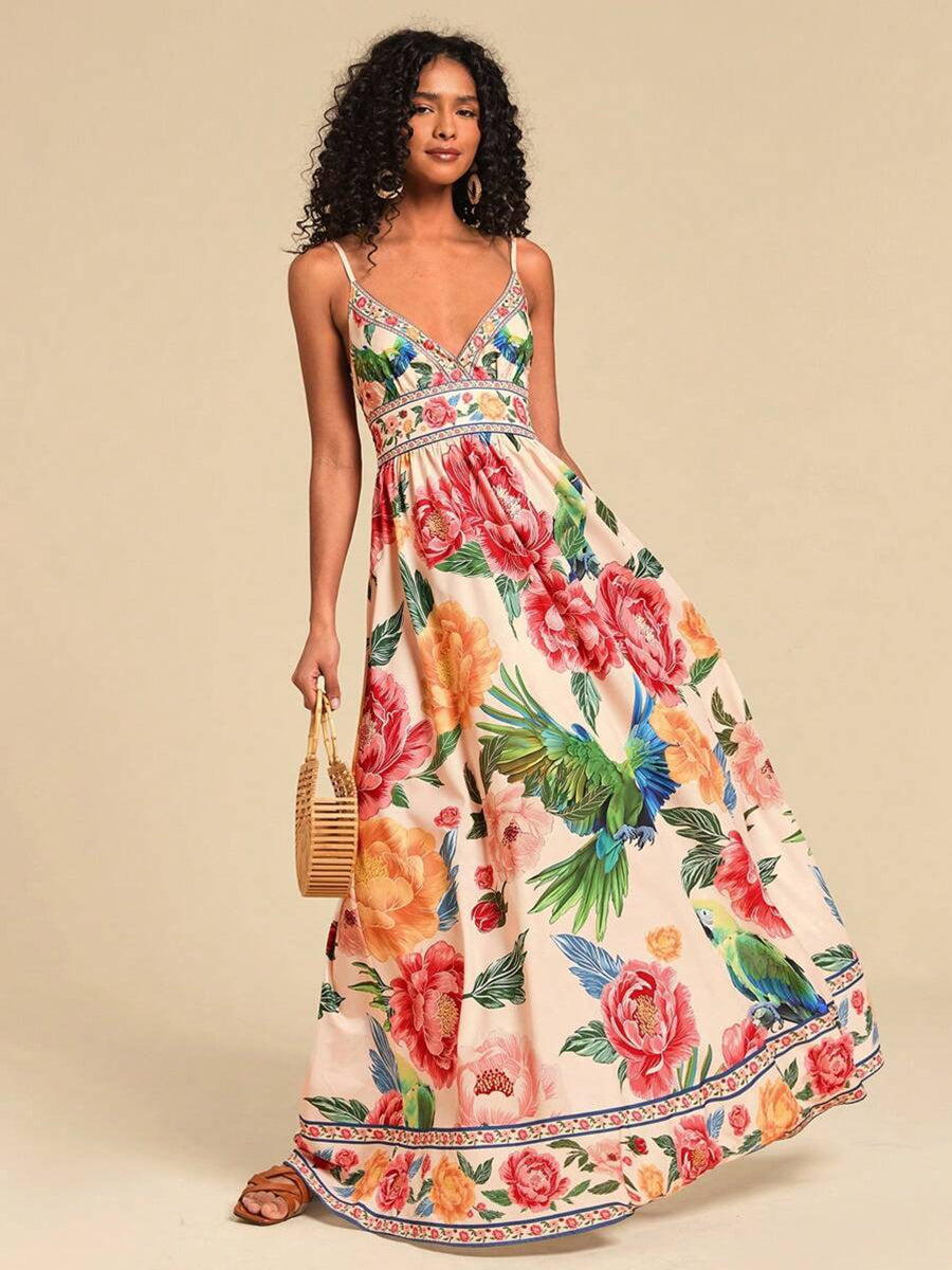 Floral Deep V-neck Backless Vacation Dress