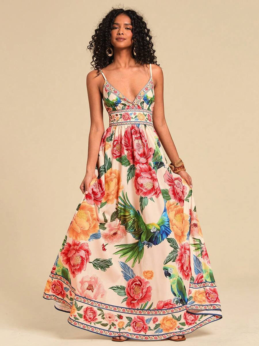 Floral Deep V-neck Backless Vacation Dress