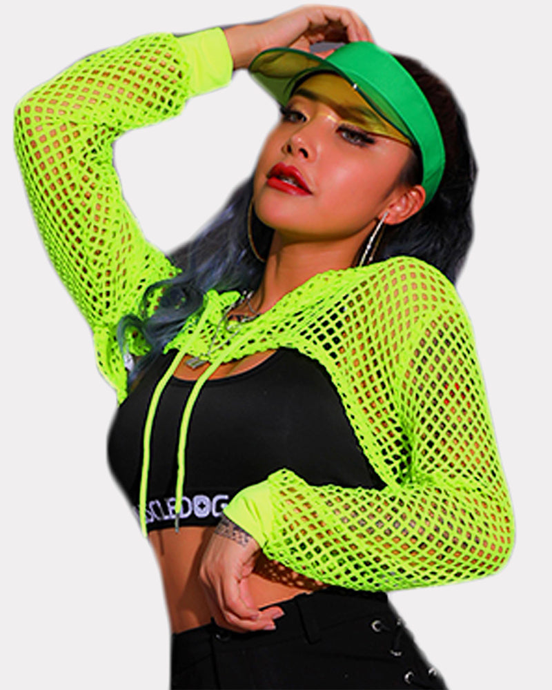 Mesh Hoodie Crop Top Fishnet Shirt