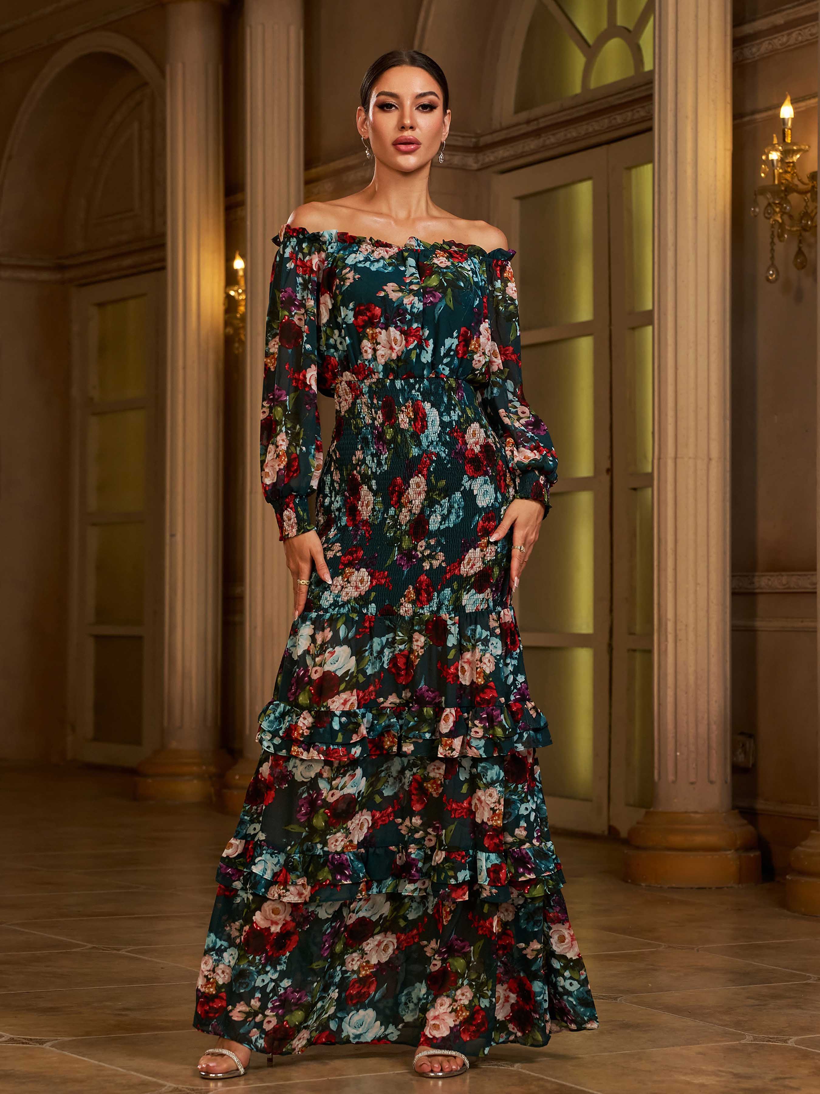 Ruffled Green Printed Casual Chiffon Dress