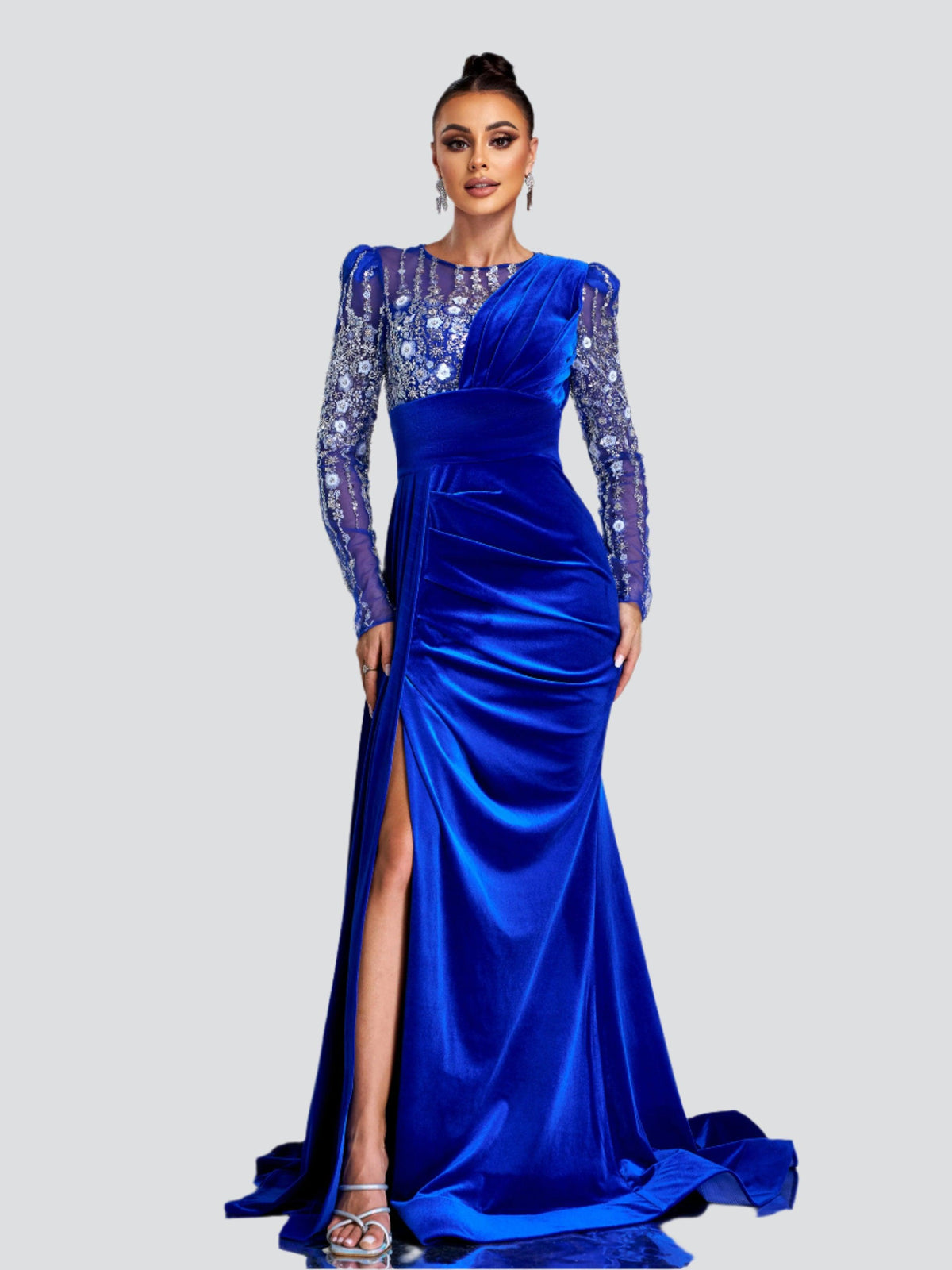 Floral Beaded Pleated Floor Length Velvet Gown