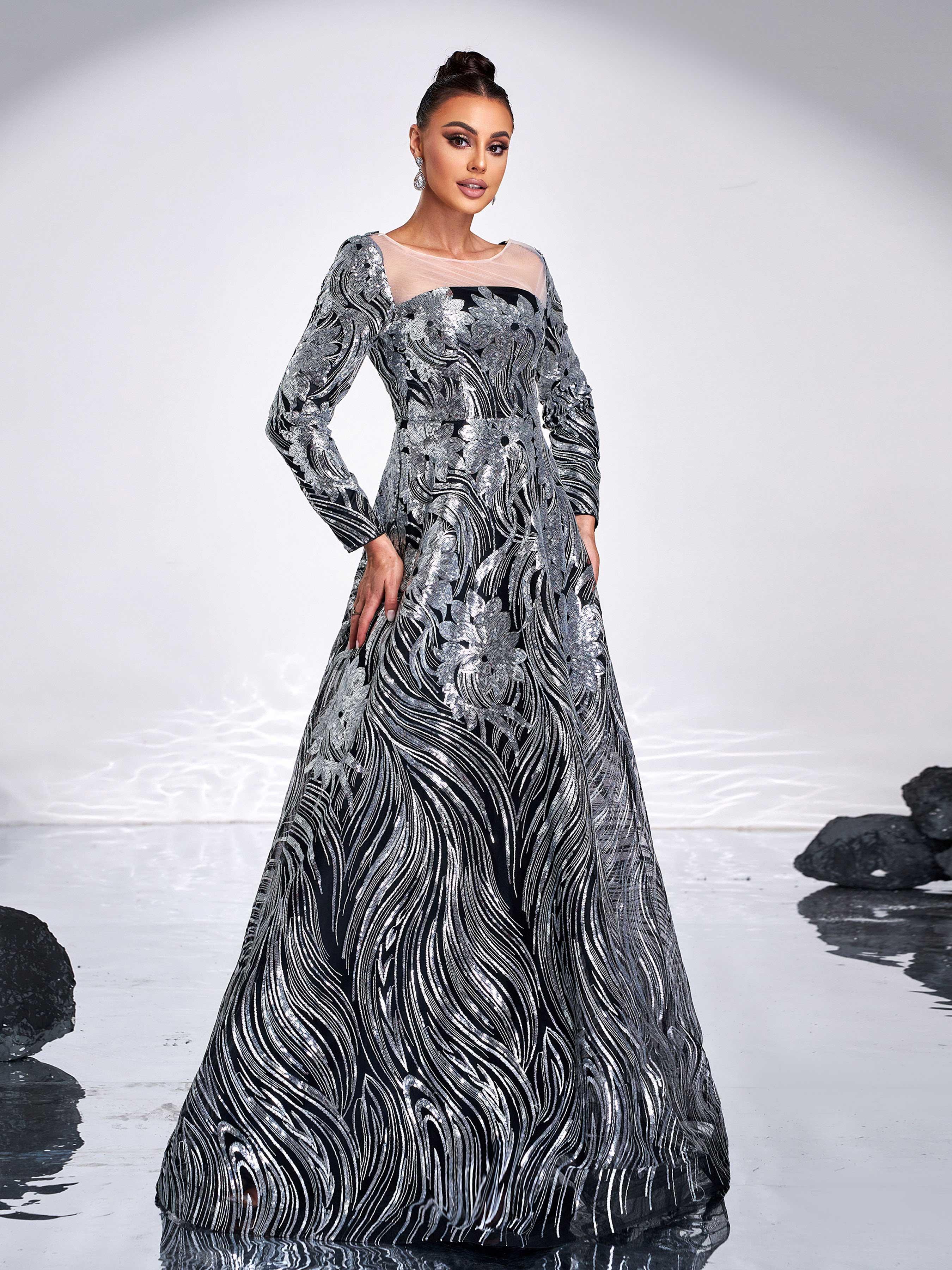 Black Panel A-line Sequin Evening Dress