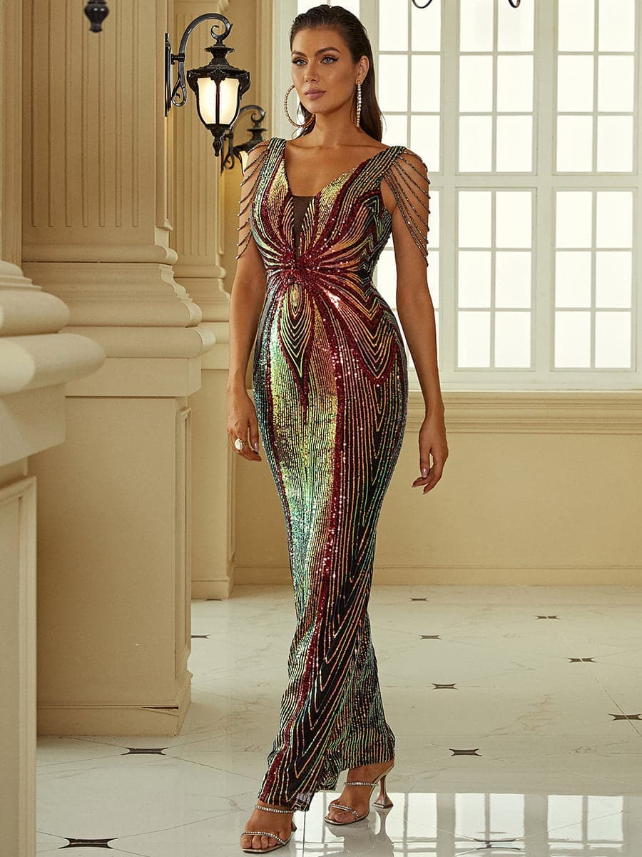 V Neck Elegant Multicolor Maxi Sequin Prom Dress