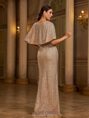 Puncho Back Puff Sleeve Sequin Evening Dress