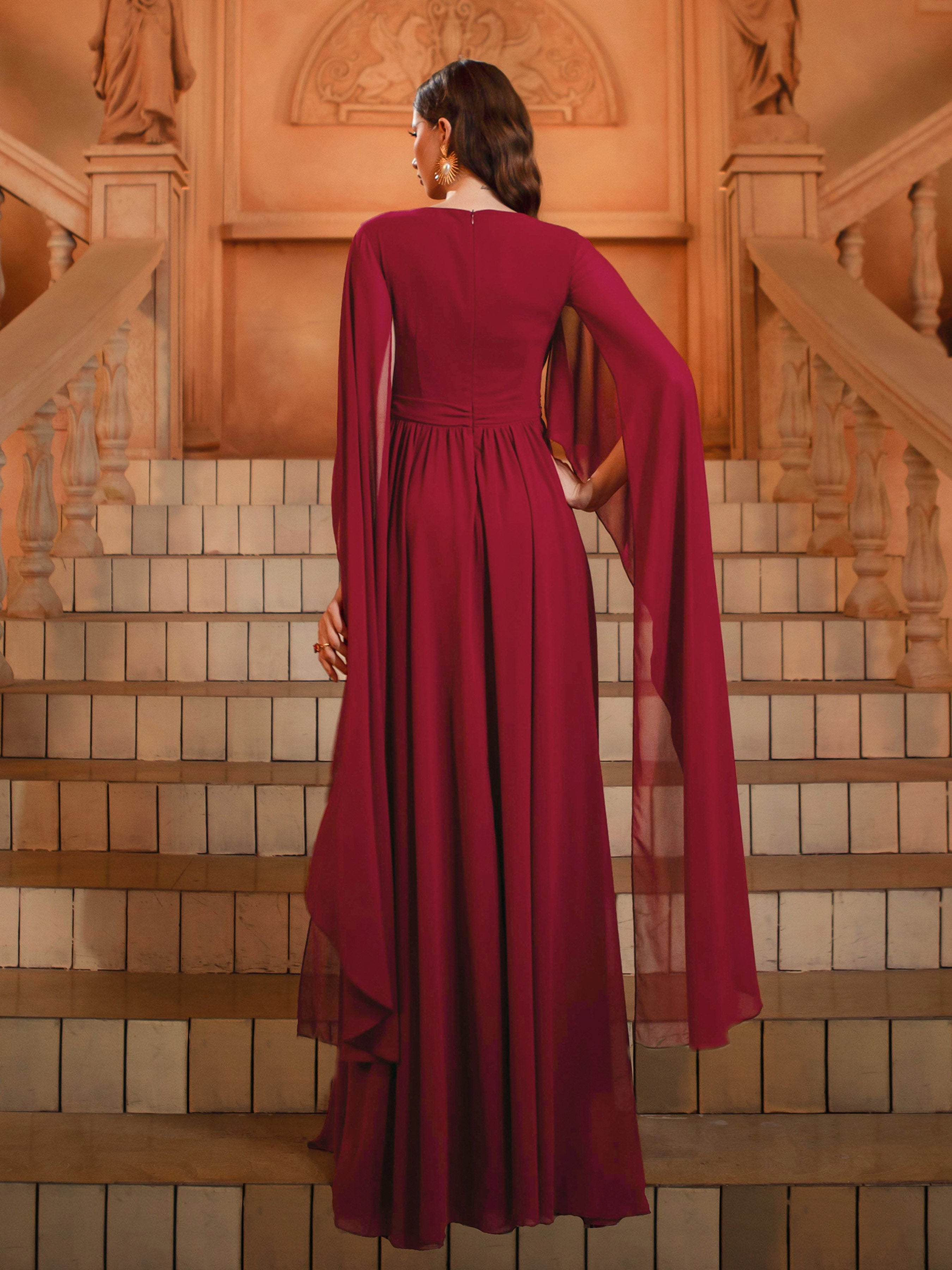 Wine Cape Sleeve V-neck Prom Dress