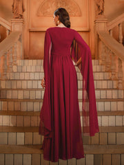 Wine Cape Sleeve V-neck Prom Dress