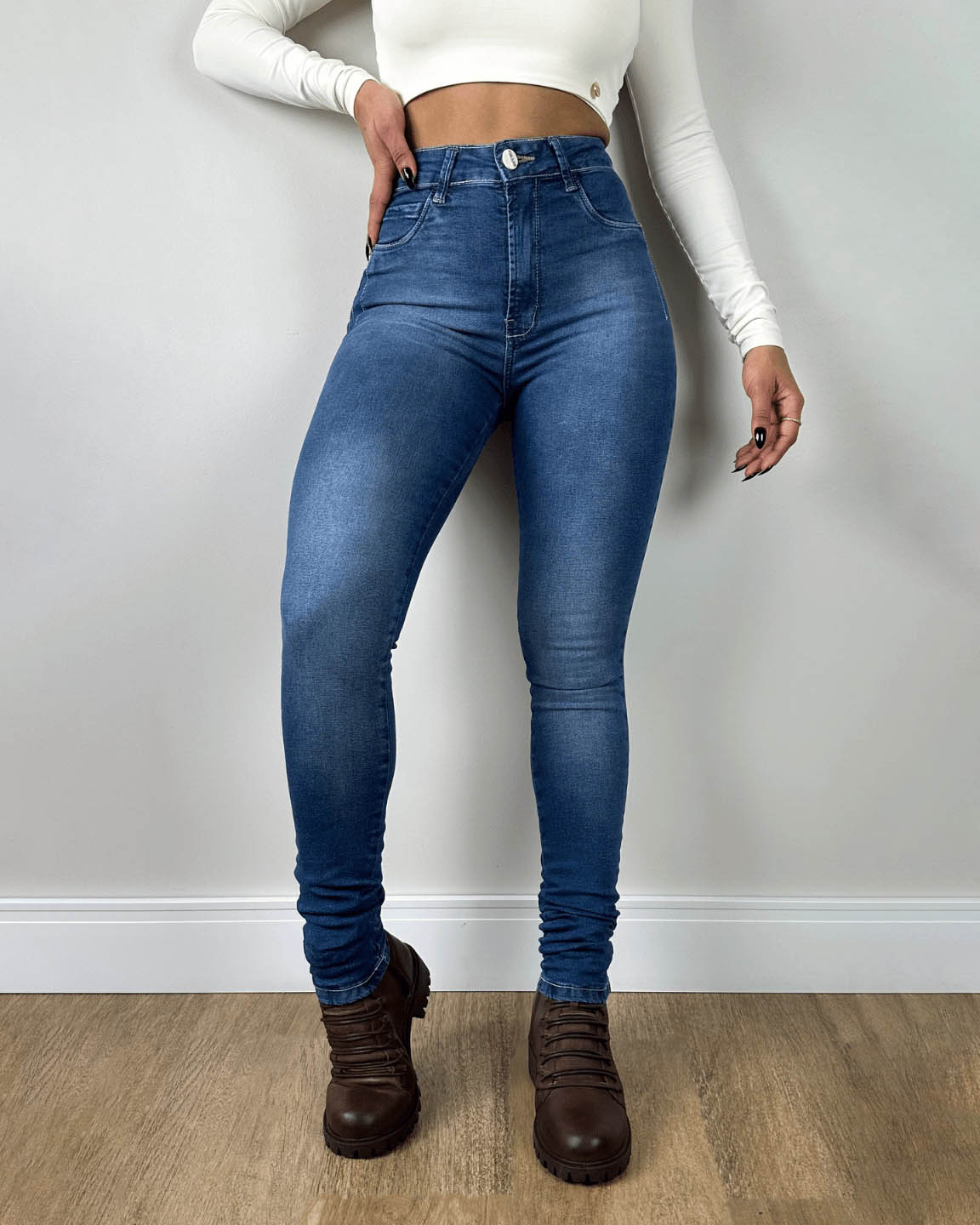 High Waist Calca Jeans Brun