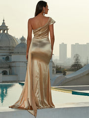 Ruched One Shoulder Draped Satin Dress