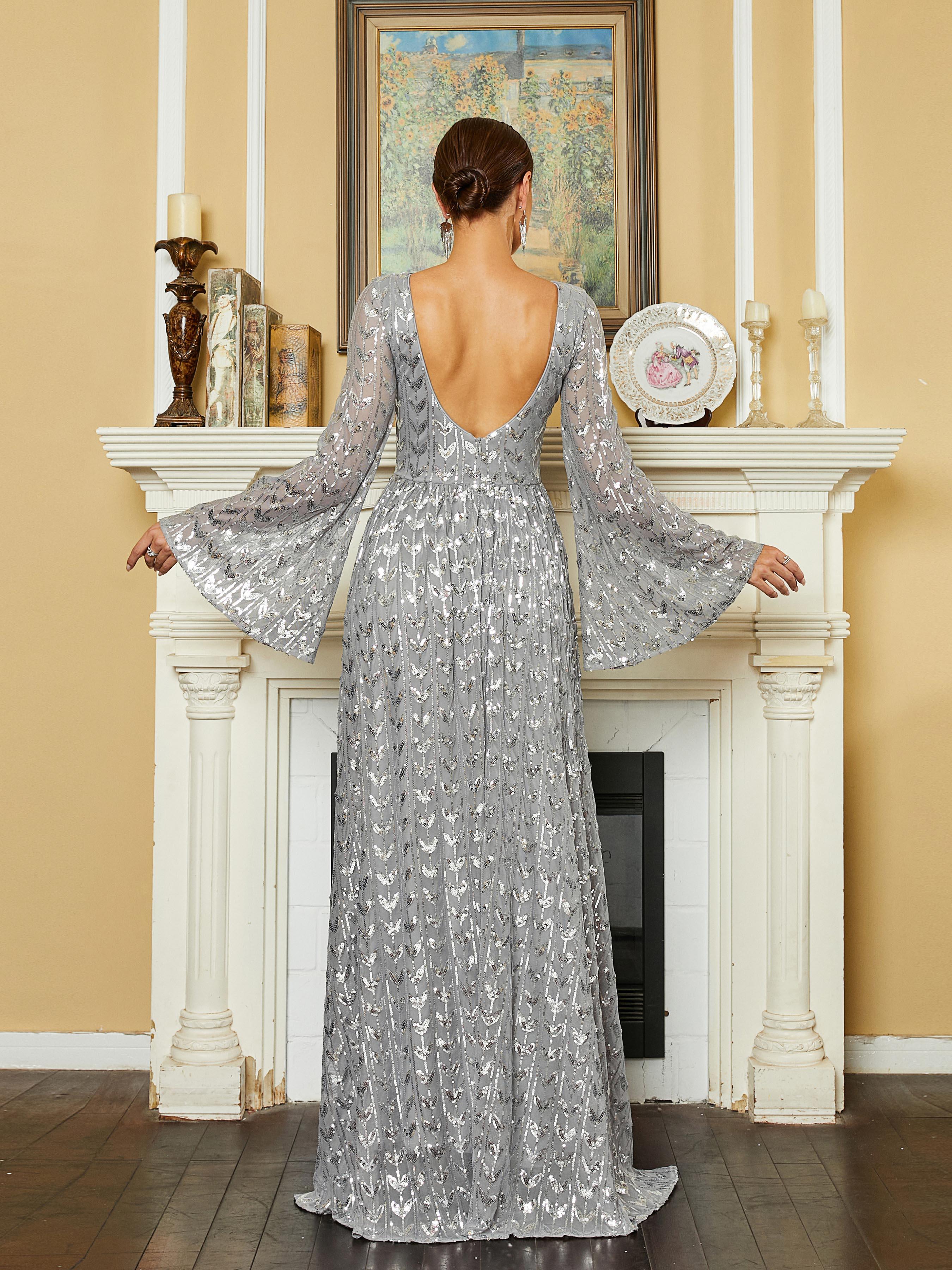 Bell Sleeve Backless Sequin Evening Dress