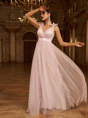 Elegant Pink Tulle Bow Shoulder Plunging V-Neck A-Line Evening Gown