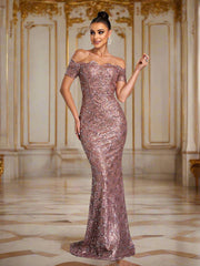 Ruffle Neck Black Sequin Evening Dress