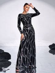 A-Line Long Sleeve Sequin Black Dress