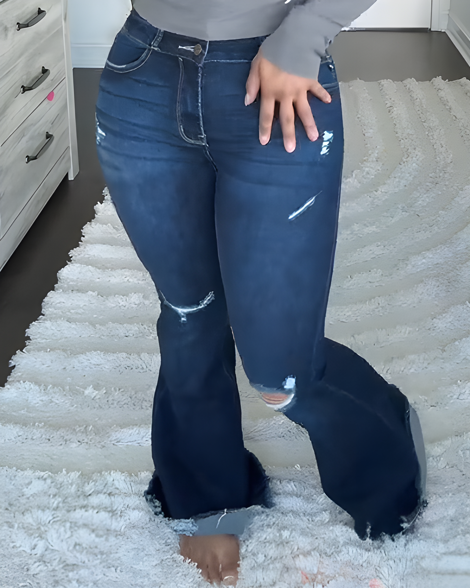 Double-Breasted High-Rise Slim-Fit Ripped Flared Jeans