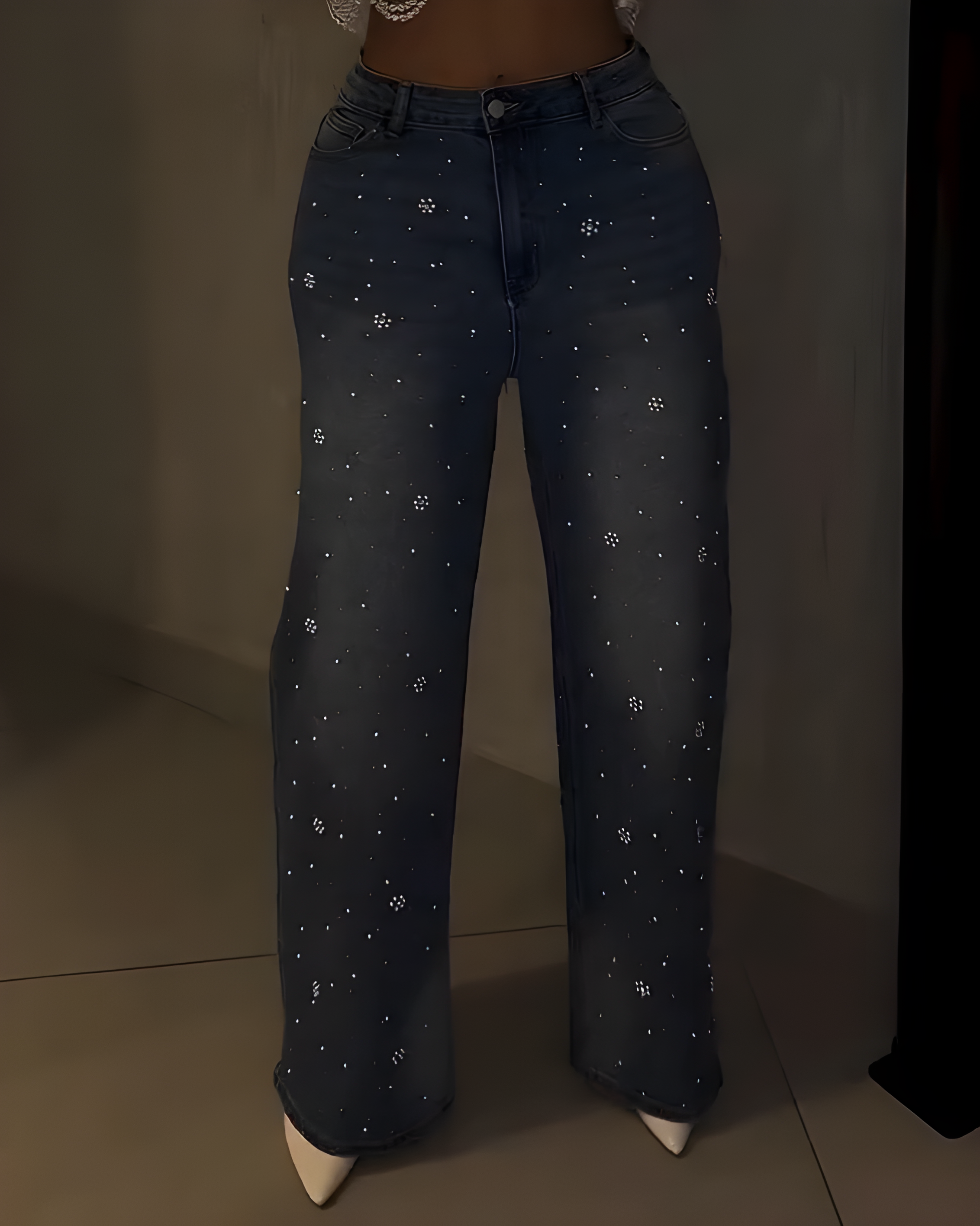 Shiny Beaded Slim-Fit Wide-Leg Jeans