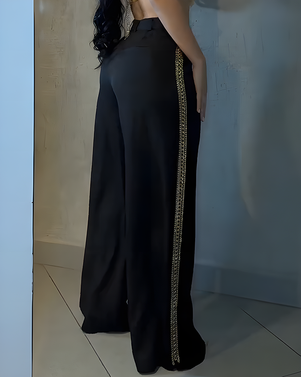 Metal Chain Trim Wide-Leg Casual Pants