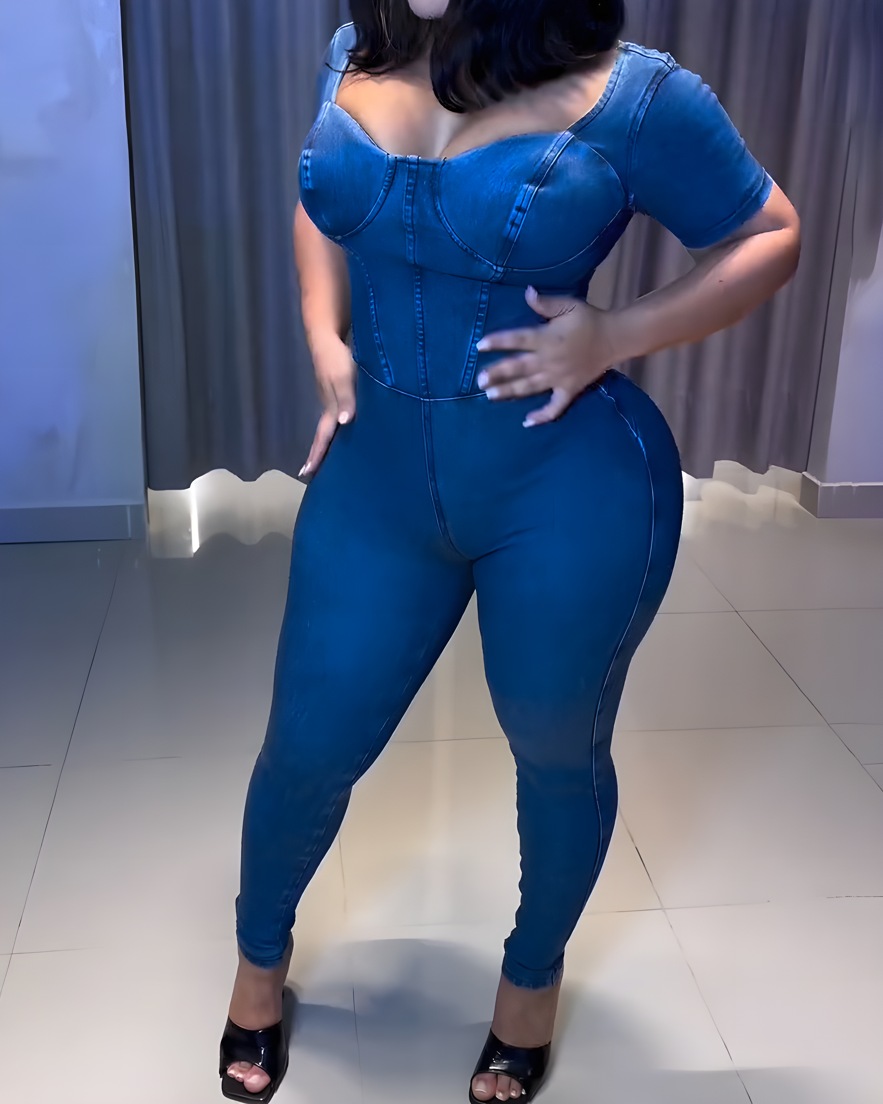 Short-Sleeved Back-Tie Skinny Denim Jumpsuit