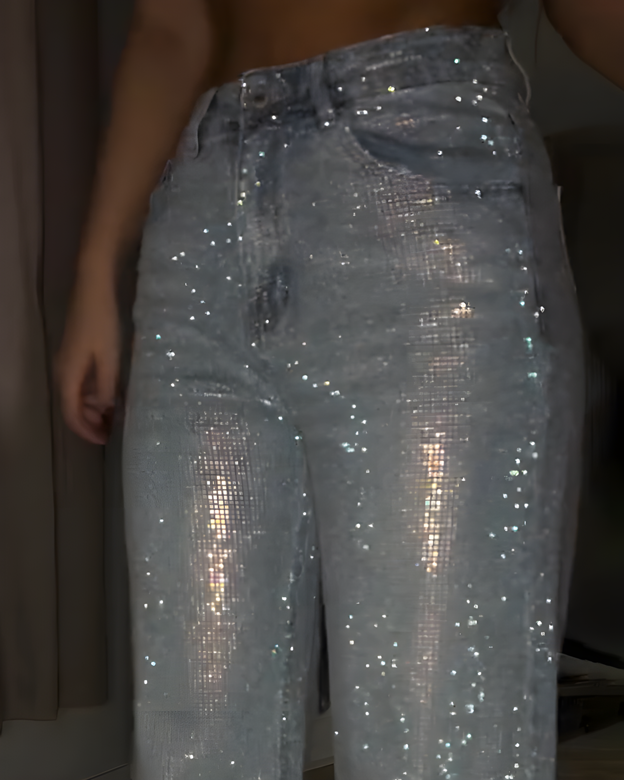Sparkling Rhinestone Wide-Leg Denim Pants