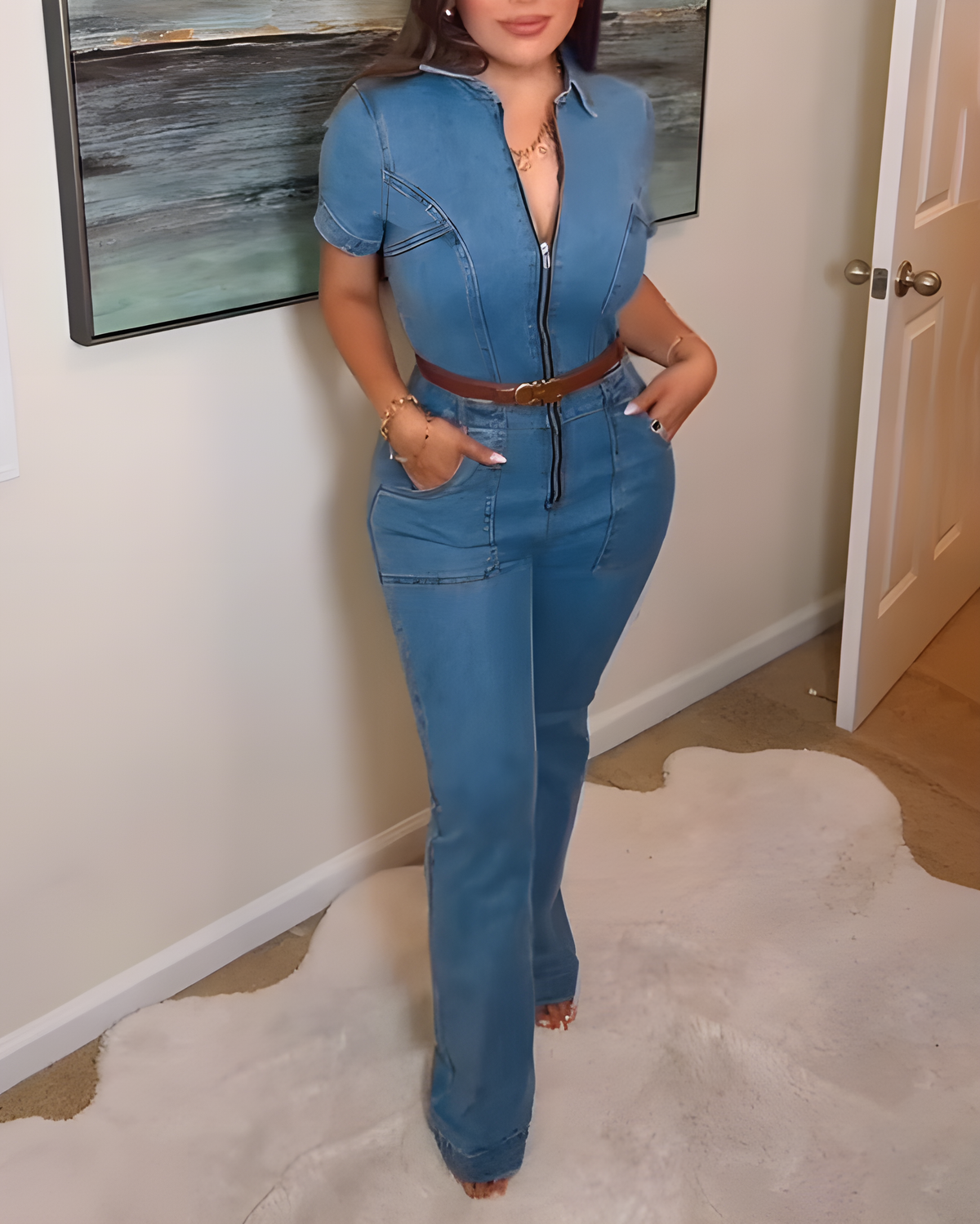 Short-Sleeved Slim-Fit Front Zip Denim Jumpsuit