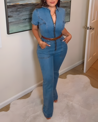 Short-Sleeved Slim-Fit Front Zip Denim Jumpsuit