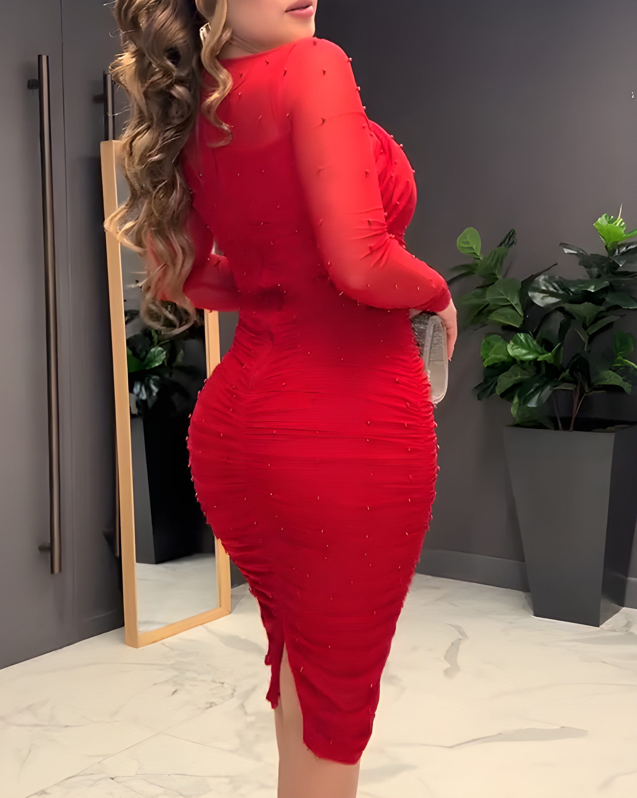 Mesh Long Sleeve Beaded Bodycon Midi Dress