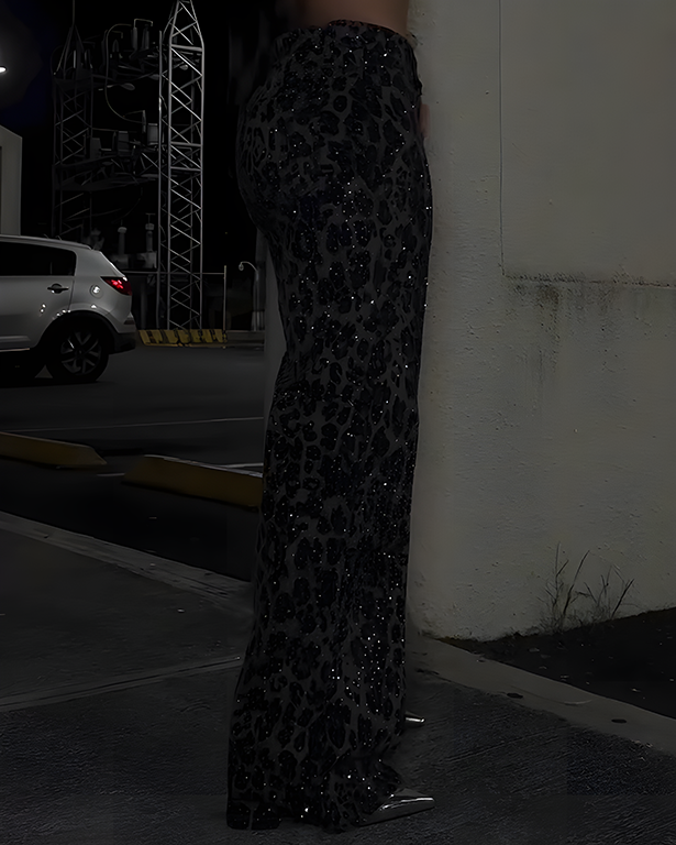 Sparkling Rhinestones Leopard-Print Wide-Leg Jeans