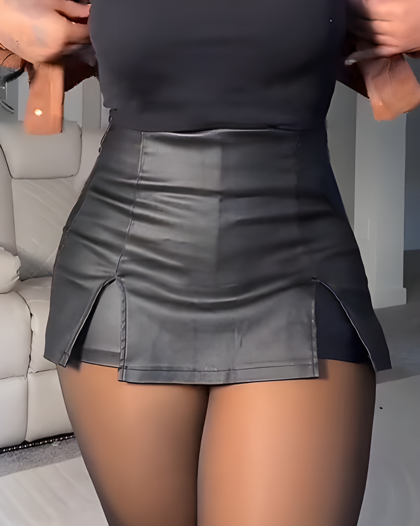 Leather Slit Slim-Fit Shorts Skirt