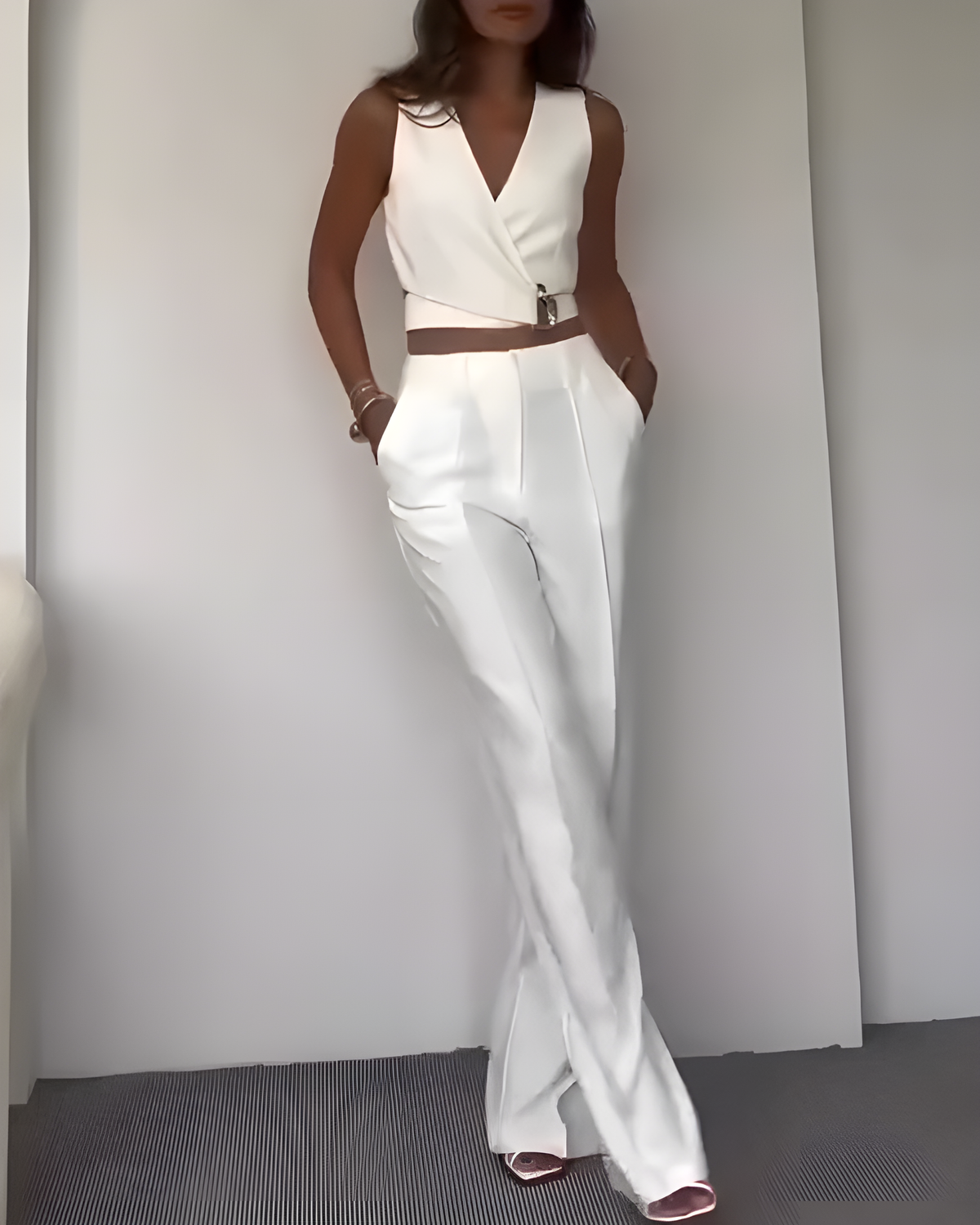 Cross-Over Slim-Fit Sleeveless Vest Wide-Leg Pants Set
