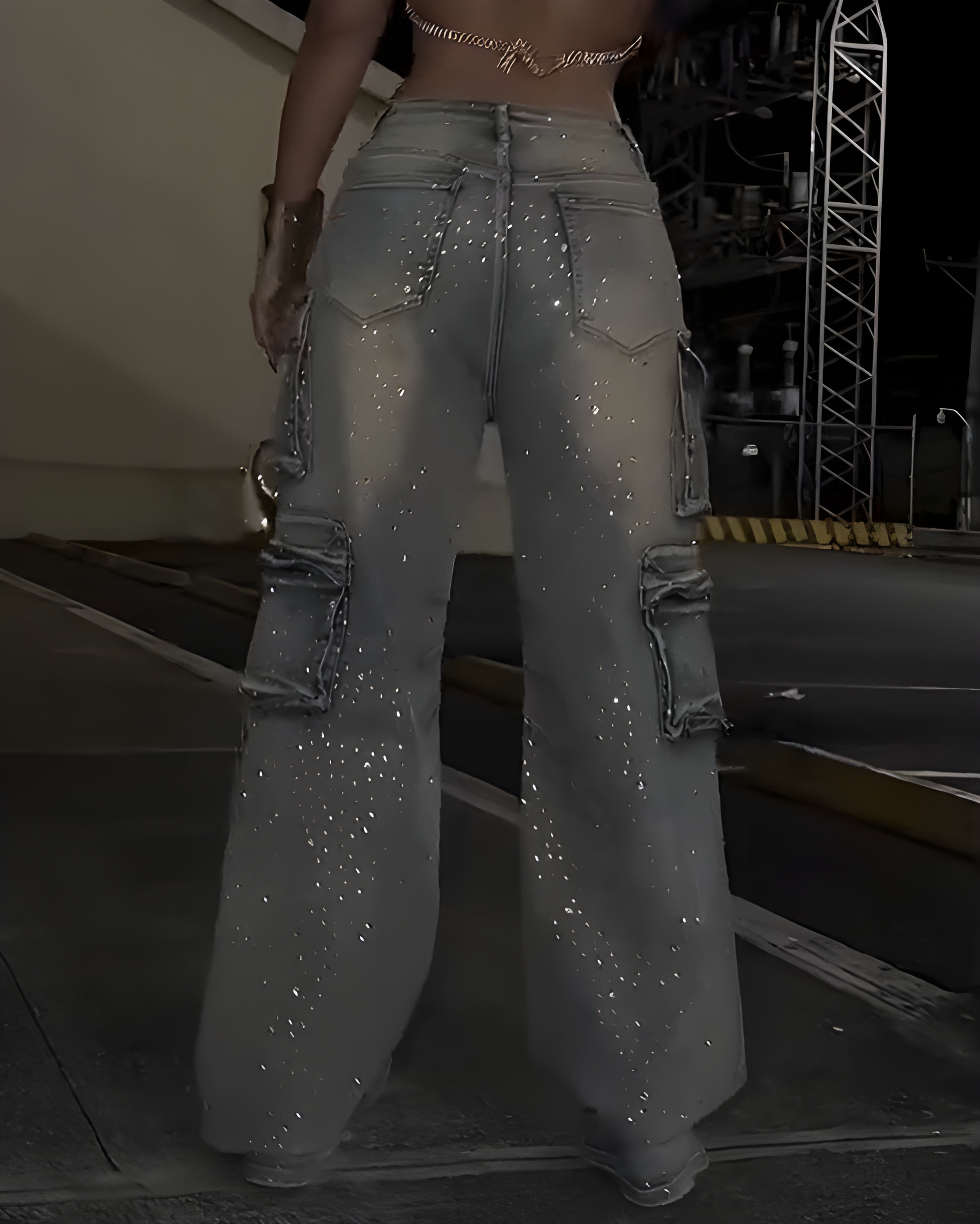 Cargo Style Rhinestone Jeans
